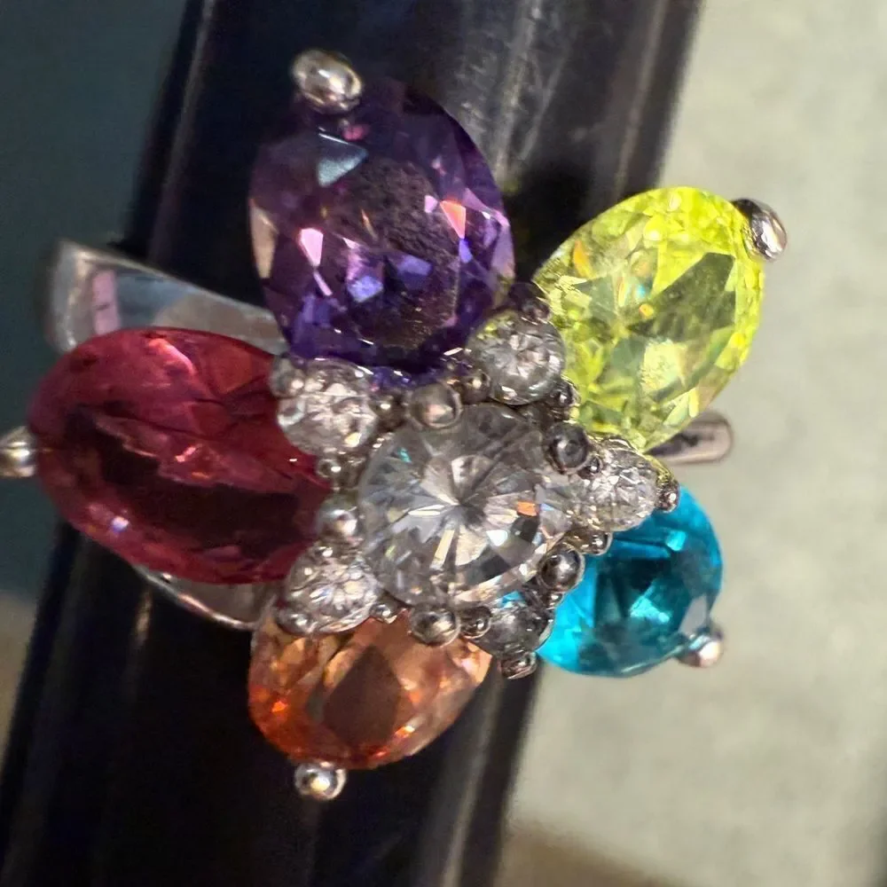Colorful Flower Cocktail Ring with Multicolor Gemstones – Size 9.5